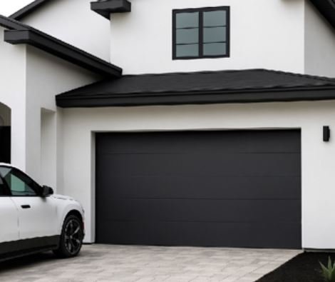 The image features a HINTEX black smooth steel insulated garage door with a modern flush panel design